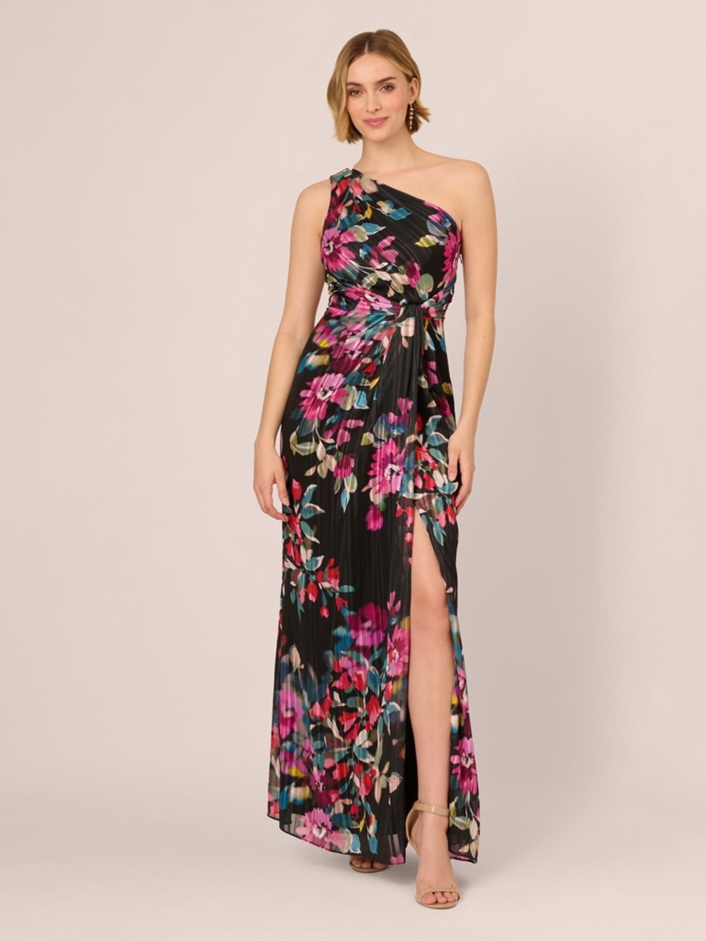 Adrianna Papell Black Floral One-Shoulder Pleated Gown